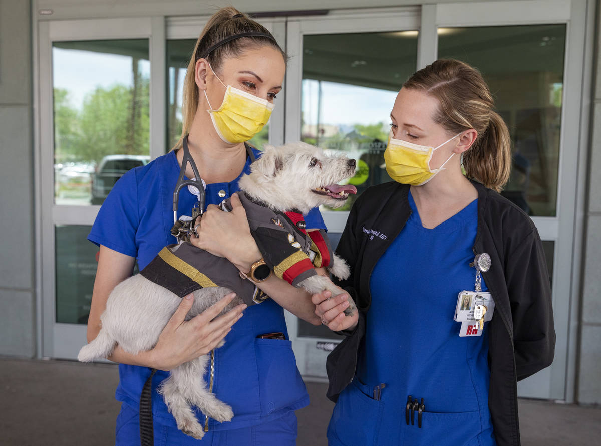Emergency room registered nurses Kelsey Balton, left, and Jordon Connell, hold Bark-Andre Furry ...