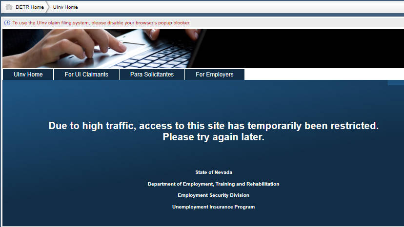 A screen shot taken of the Nevada unemployment website on Tuesday, April 14, 2020.