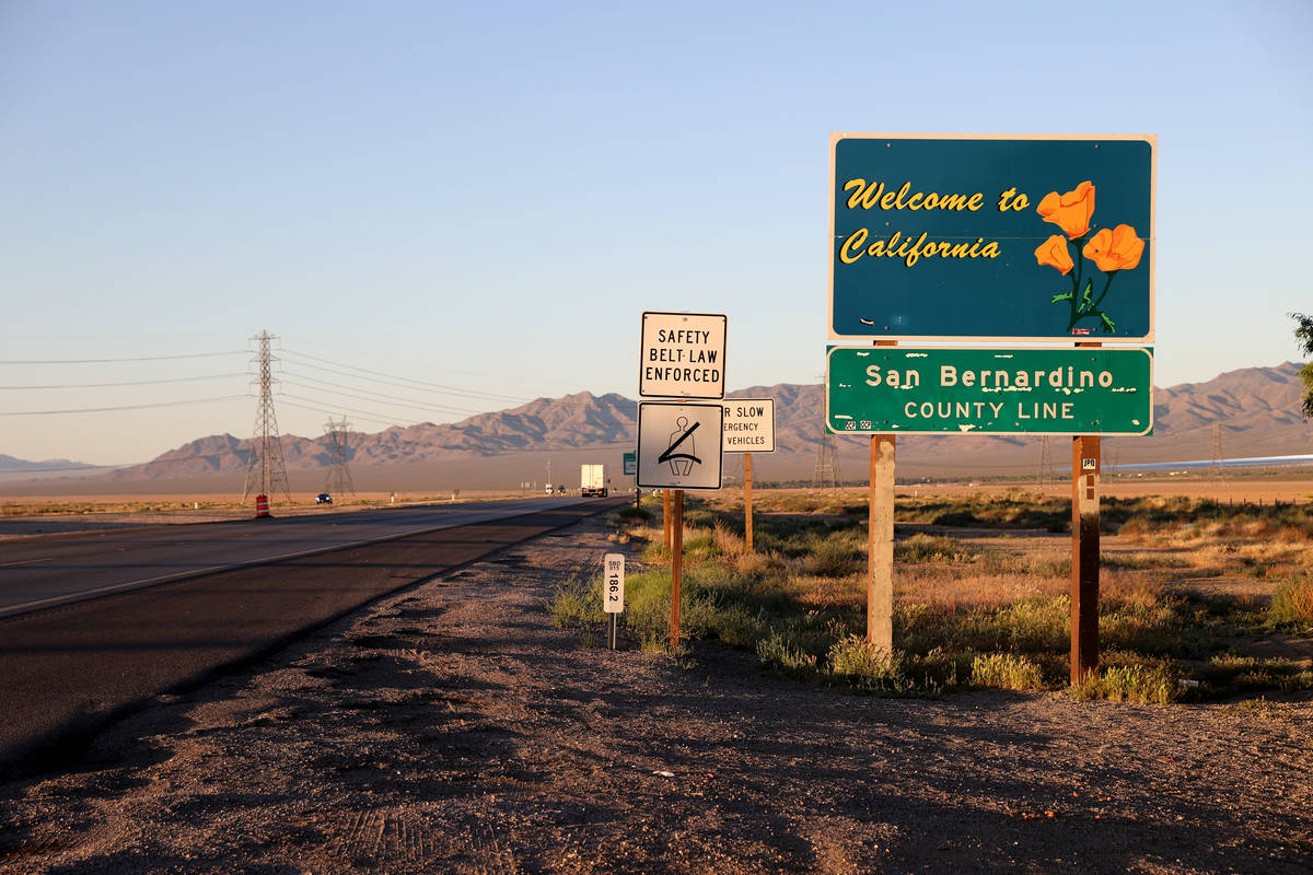 The California-Nevada state line at Primm on Interstate 15 Tuesday, May 5, 2020. (K.M. Cannon/L ...