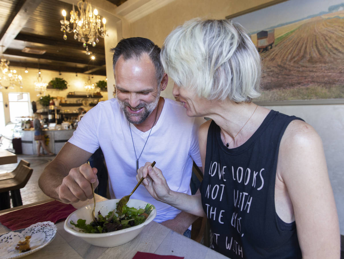 James and Echo Dalton share a salad at FeelLove Coffee on Tuesday, May 5, 2020, in St. George, ...