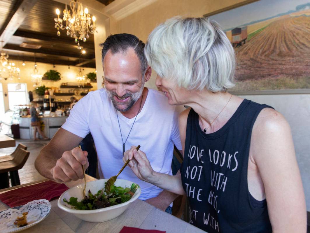 James and Echo Dalton share a salad at FeelLove Coffee on Tuesday, May 5, 2020, in St. George, ...