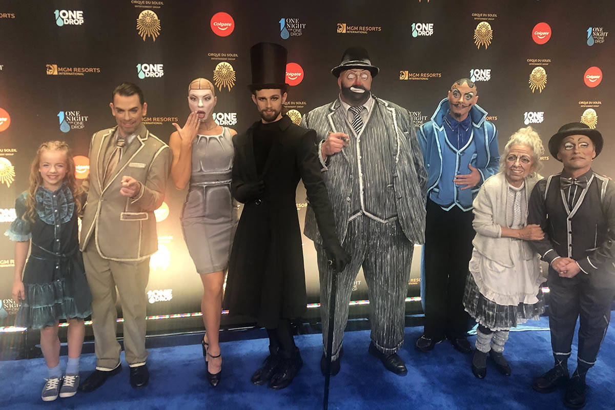 Cirque artists are shown on the Blue Carpet prior to "One Night For One Drop," held at O Theate ...
