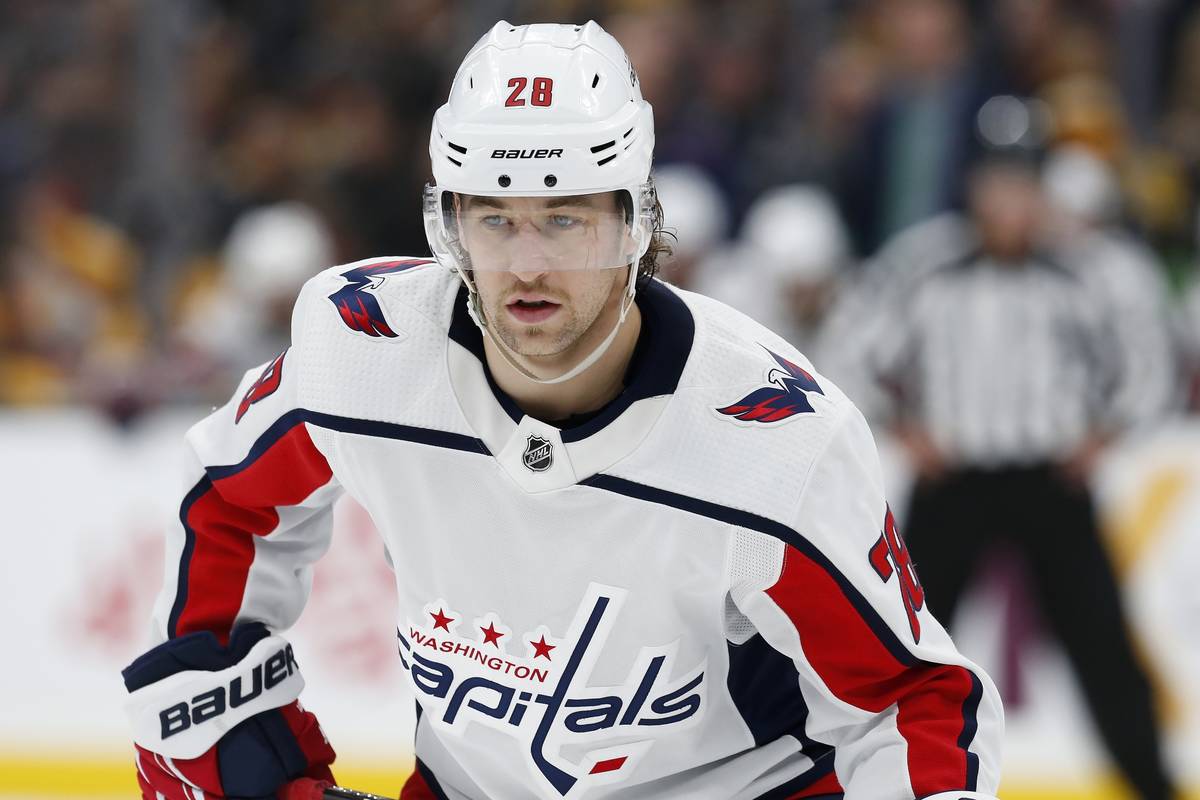 Washington Capitals' Brendan Leipsic plays against the Boston Bruins during an NHL hockey game ...