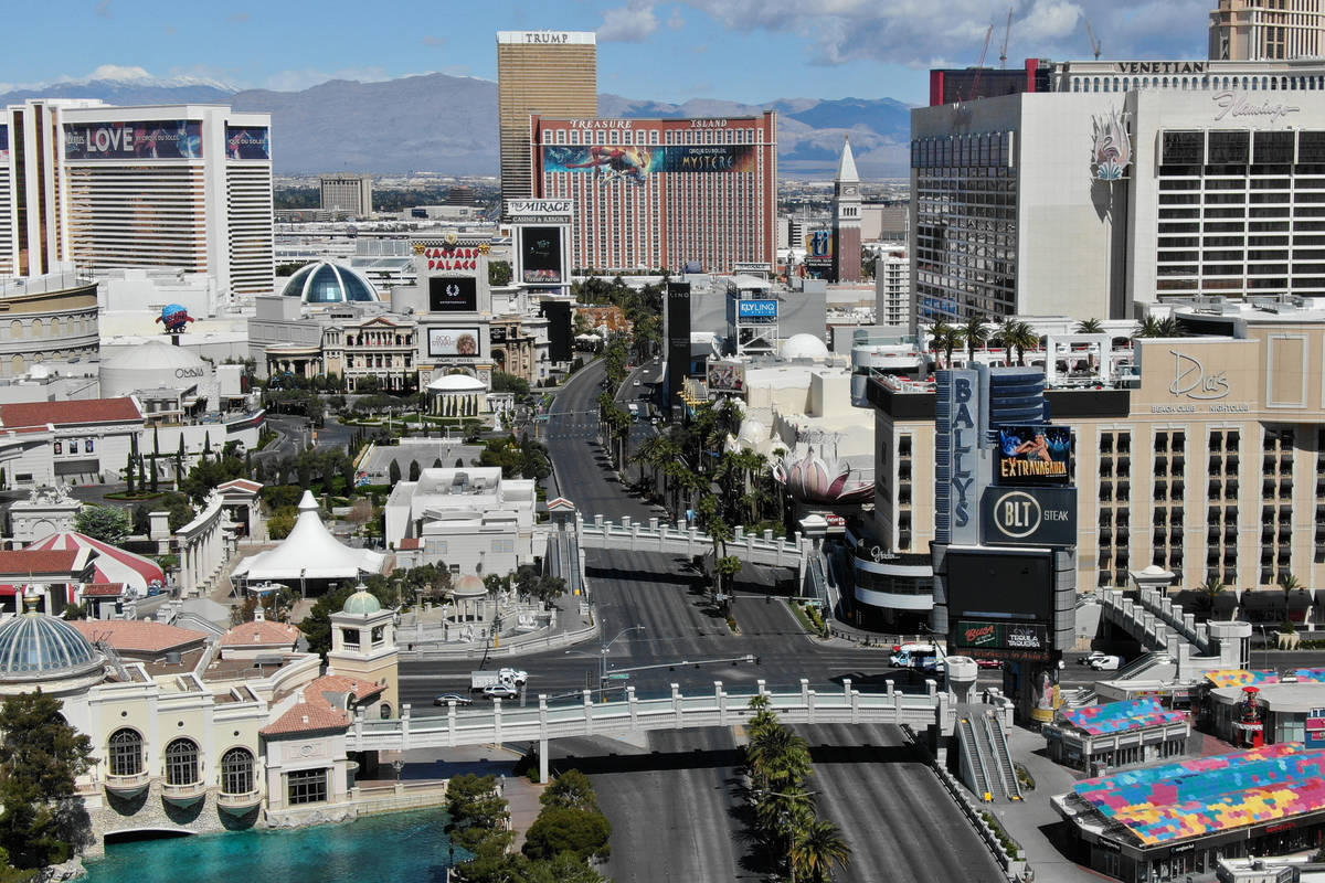 An aerial photo of the Las Vegas Strip after all Las Vegas casinos have been shut down during t ...