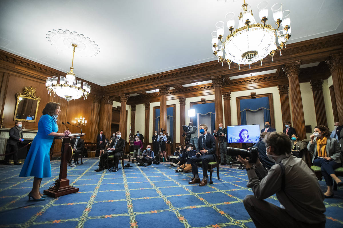 House Speaker Nancy Pelosi of Calif., speaks during a news conference on Capitol Hill, Thursday ...