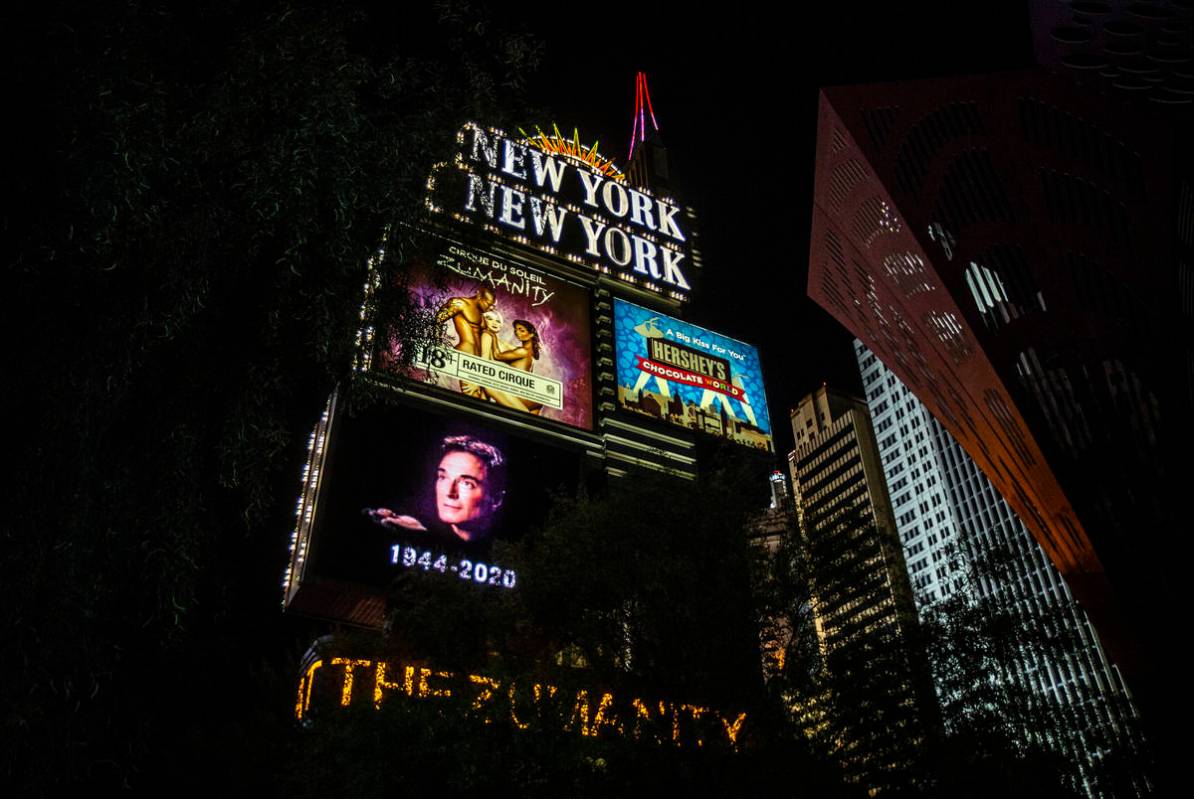 Tributes to Roy Horn, of Siegfried & Roy, are displayed along The Strip on Friday, May 8, 2 ...