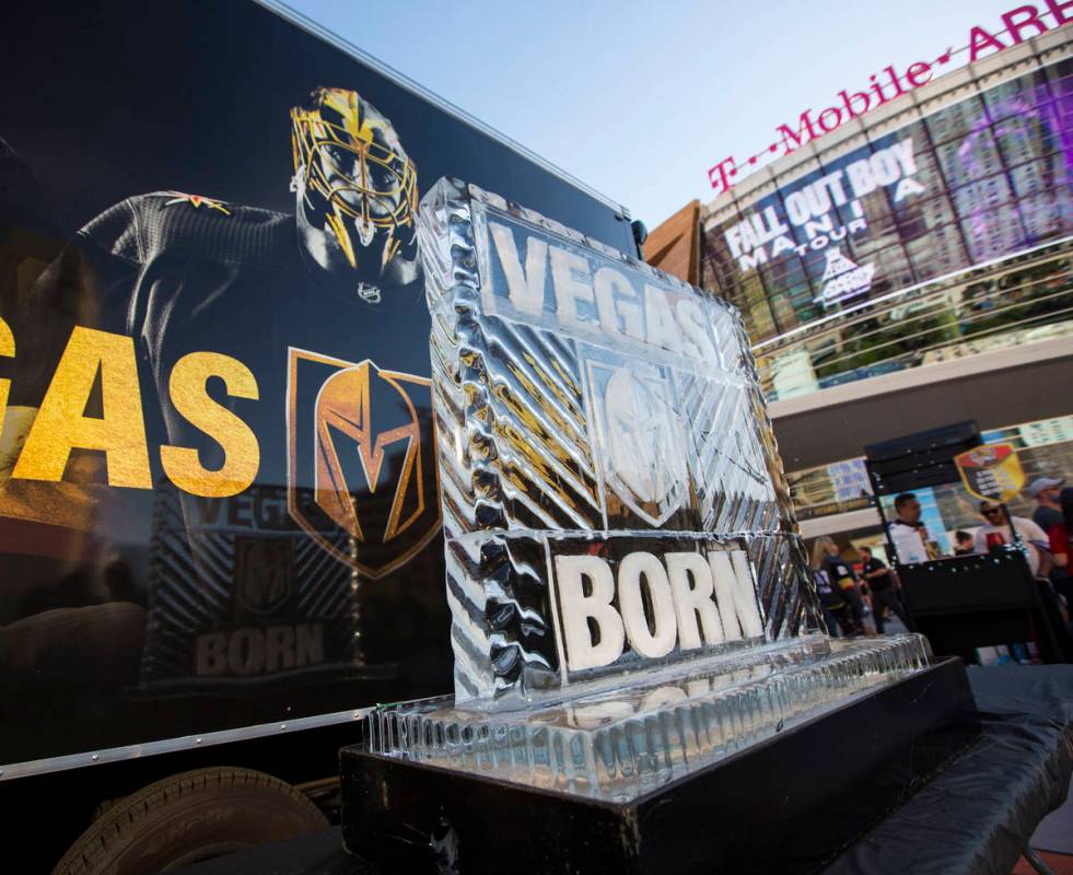 A Golden Knights ice sculpture on display at Toshiba Plaza before Game 1 of an NHL hockey secon ...