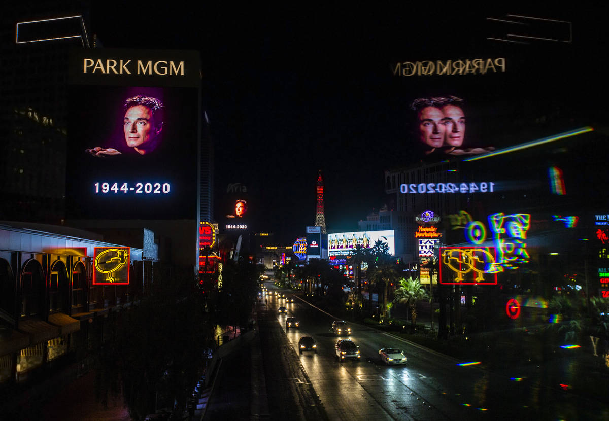 Tributes to Roy Horn, of Siegfried & Roy, are displayed along The Strip on Friday, May 8, 2020, ...