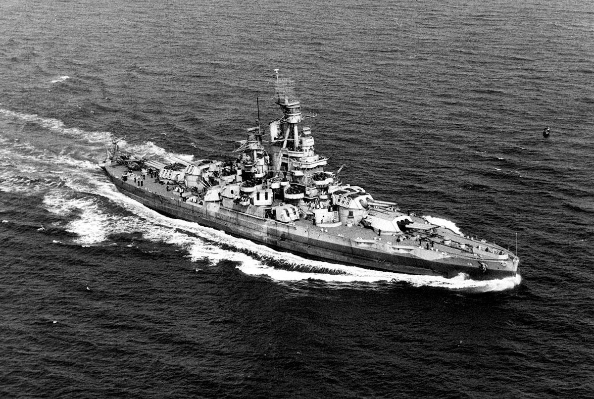 The USS Nevada underway off the Atlantic Ocean coast on Sept. 17, 1944, photographed from a bli ...