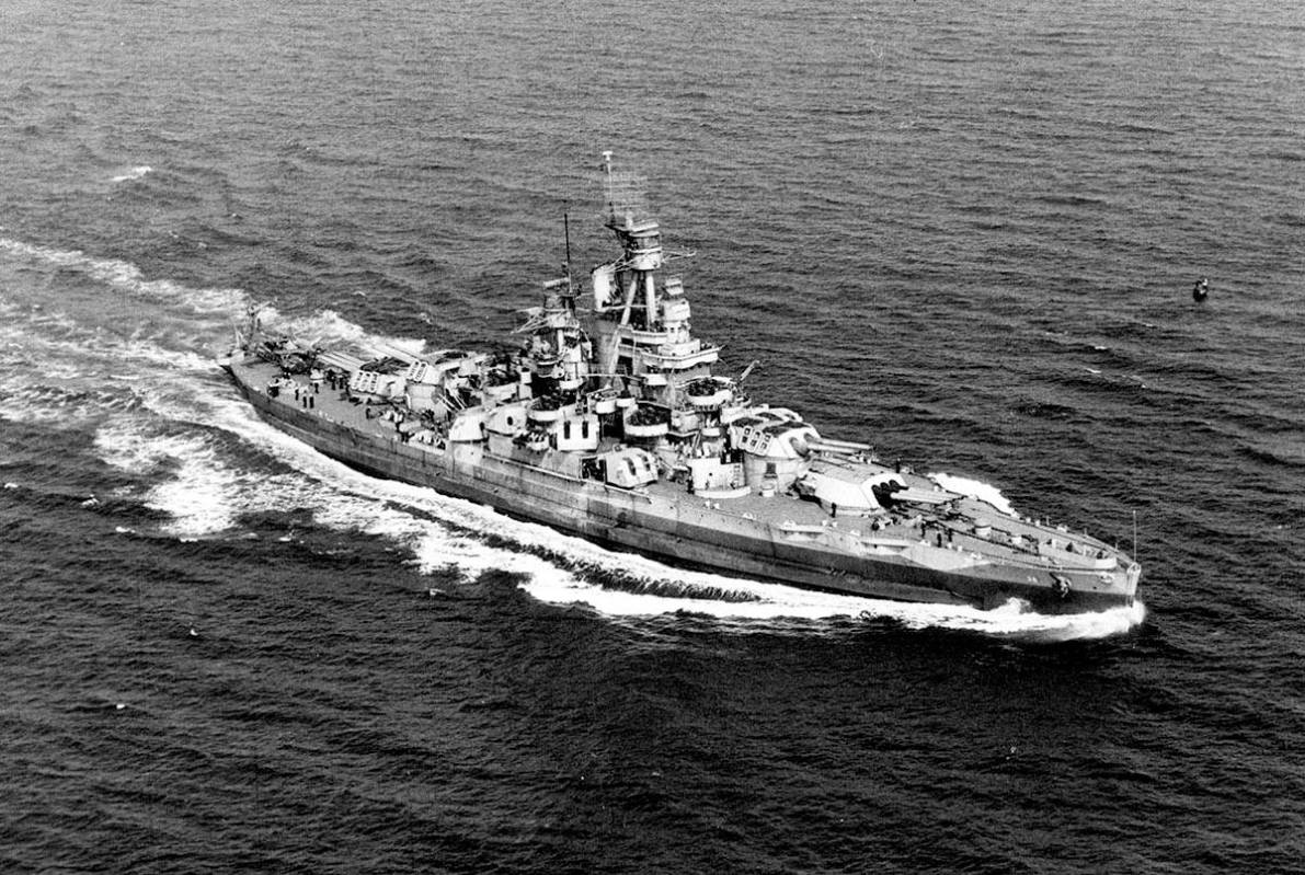 The USS Nevada underway off the Atlantic Ocean coast on Sept. 17, 1944, photographed from a bli ...