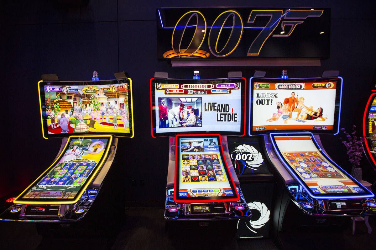 A pair of James Bond-themed slot cabinets are seen in the Scientific Games showroom in Las Vega ...