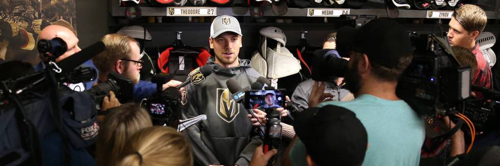 Golden Knights defenseman Shea Theodore speaks to reporters at City National Arena on Sept. 13, ...