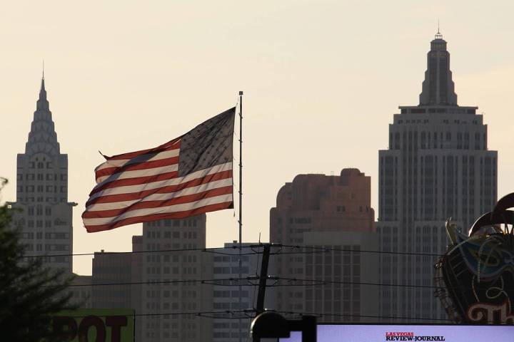 New York New York is seen as a large American flag blows in the wind during a cool and windy mo ...