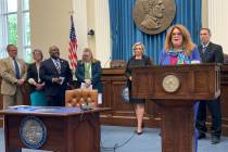 Assemblywoman Ellen Spiegel, D-Henderson, speaks at the signing of Assembly Bill 170 on May 15, ...