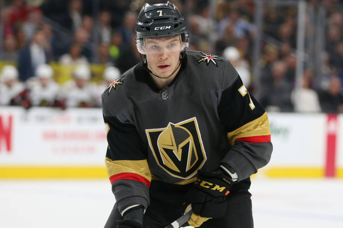 Vegas Golden Knights forward Valentin Zykov (7) looks for the puck in the first period during t ...