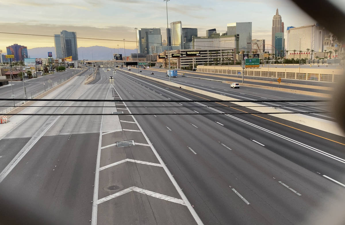 Light traffic seen on Interstate 15 in the Resort Corridor on May 6, 2020. (Mick Akers/Las Vega ...