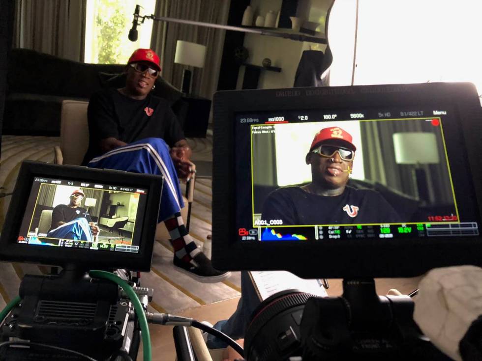 Former Chicago Bulls forward Dennis Rodman participates in an interview for "The Last Dance." C ...