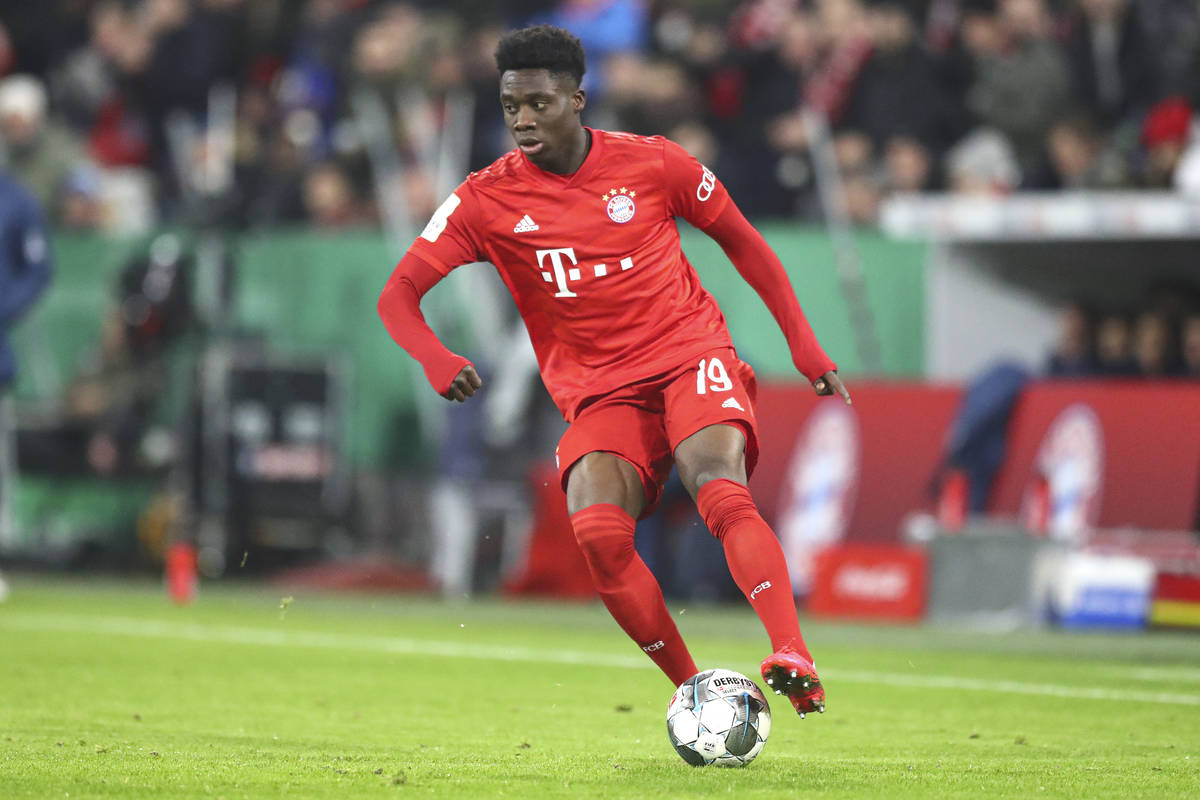 Bayern's Alphonso Davies controls the ball during the German soccer cup, DFB Pokal, match betwe ...