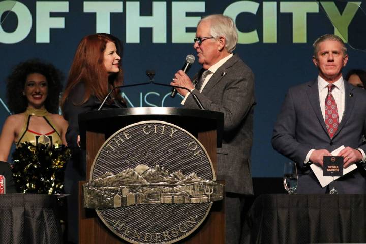 Henderson Mayor Debra March, left, listens as Golden Knights owner Bill Foley speaks as team pr ...