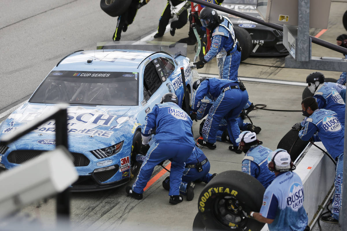 Kevin Harvick (4) makes a pit stop during the NASCAR Cup Series auto race Sunday, May 17, 2020, ...