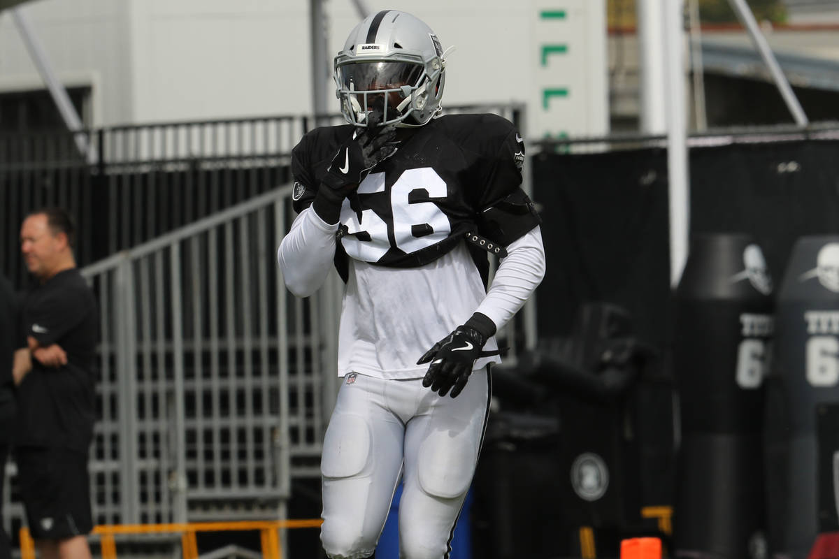 Oakland Raiders linebacker Te'Von Coney (56) runs on the field during the NFL team's training c ...