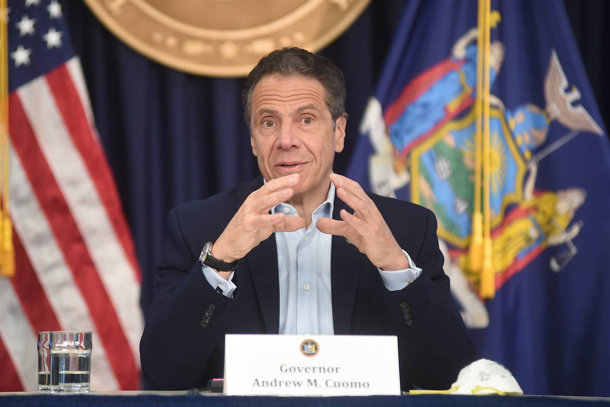 New York Gov. Andrew Cuomo briefs the media during a coronavirus news conference at his office ...
