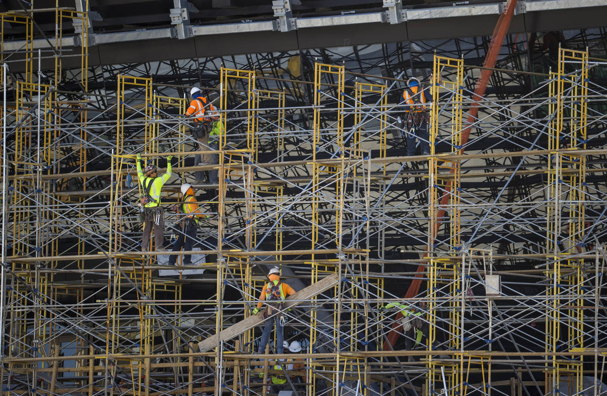 Crews at Allegiant Stadium begin to take down scaffolding on Tuesday, May 19, 2020, in Las Vega ...