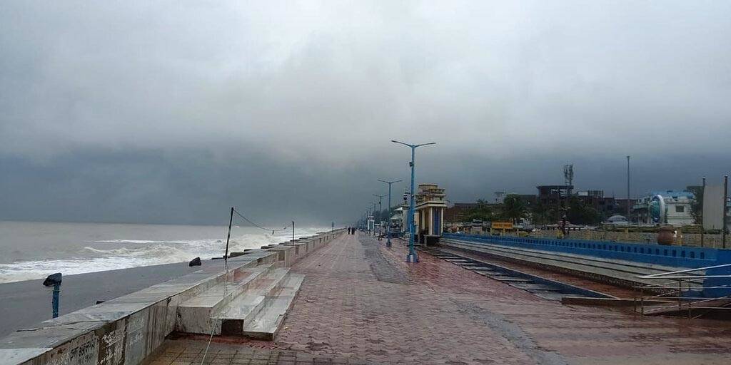 The promenade along the Bay of Bengal coast stands deserted ahead of Cyclone Amphan landfall, a ...