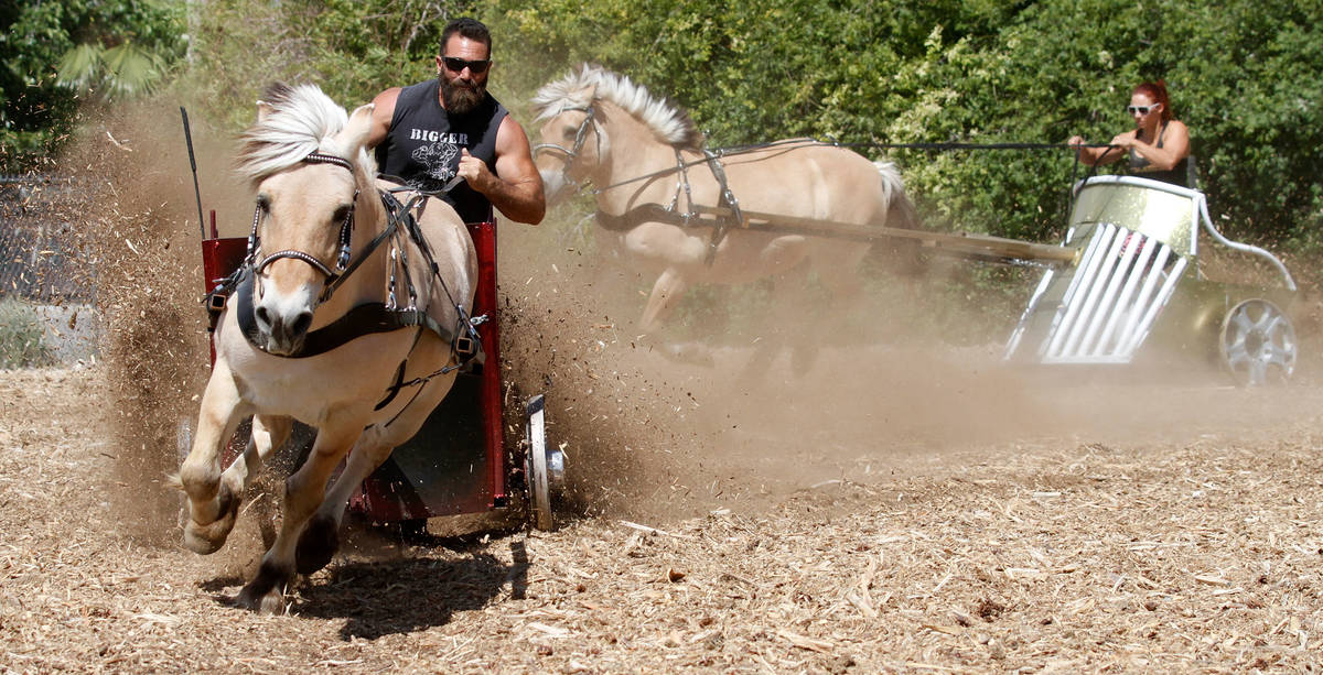 Gladius The Show co-owner Erik Martonovich rides on Balder, a rescue horse, during a practice f ...