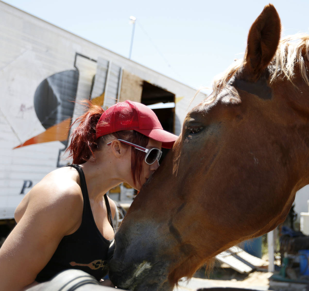 Gladius The Show performer Lisa Varmbo Martonovich kisses Thunder, a horse, during a practice a ...