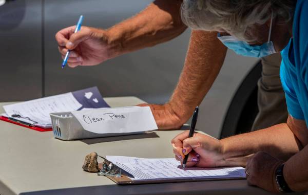Residents sign as Henderson Coalition for Responsible Government volunteers seek signatures to ...