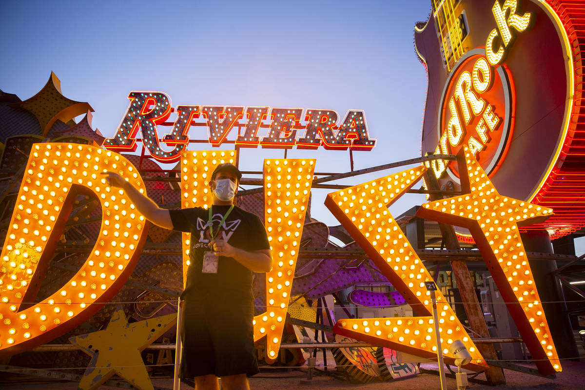 Interpreter Wyatt Currie leads a tour at The Neon Museum on Friday, May 22, 2020, in Las Vegas. ...