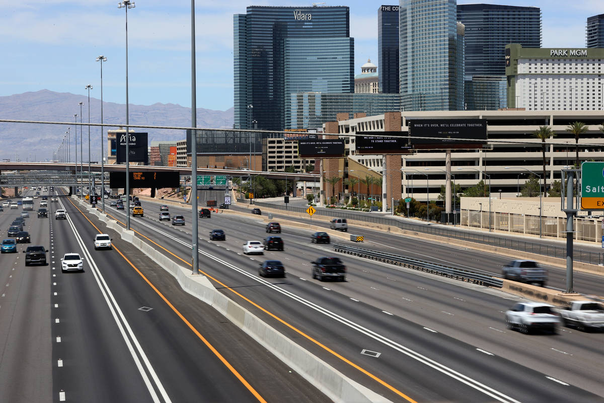 Traffic on I-15 near Russell Road in Las Vegas, Saturday, May 23, 2020. (Erik Verduzco / Las Ve ...