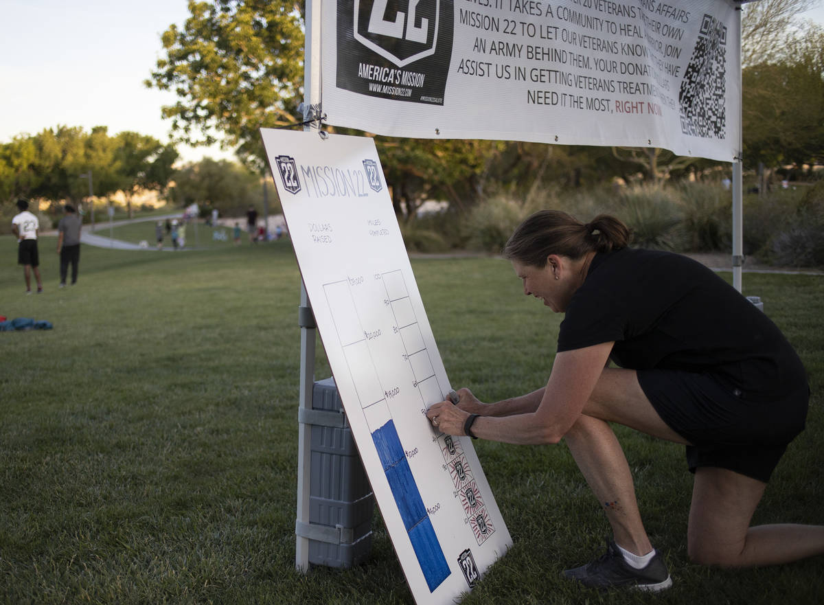 Sue Santrach marks down that her son, Peter Makredes, ran 50 miles since 8 a.m. on Sunday, May ...