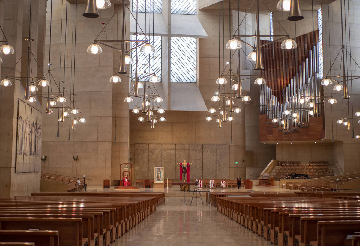 FILE - In this April 10, 2020 file photo, the Cathedral of Our Lady of the Angels is seen empty ...