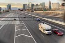 Light traffic seen on Interstate 15 in the Resort Corridor May 14, 2020. (Mick Akers/Las Vegas ...