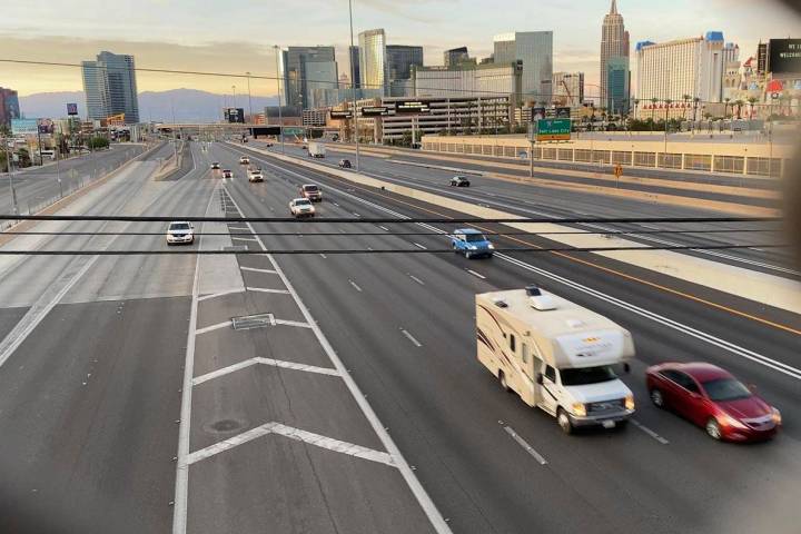 Light traffic seen on Interstate 15 in the Resort Corridor May 14, 2020. (Mick Akers/Las Vegas ...