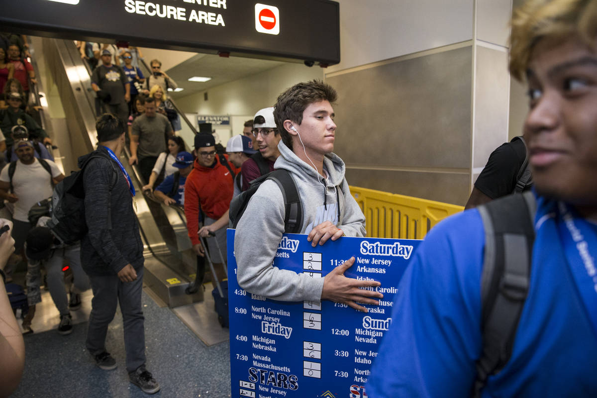 Southern Nevada Blue Sox baseball player David Hudleson, 19, arrives to McCarran International ...