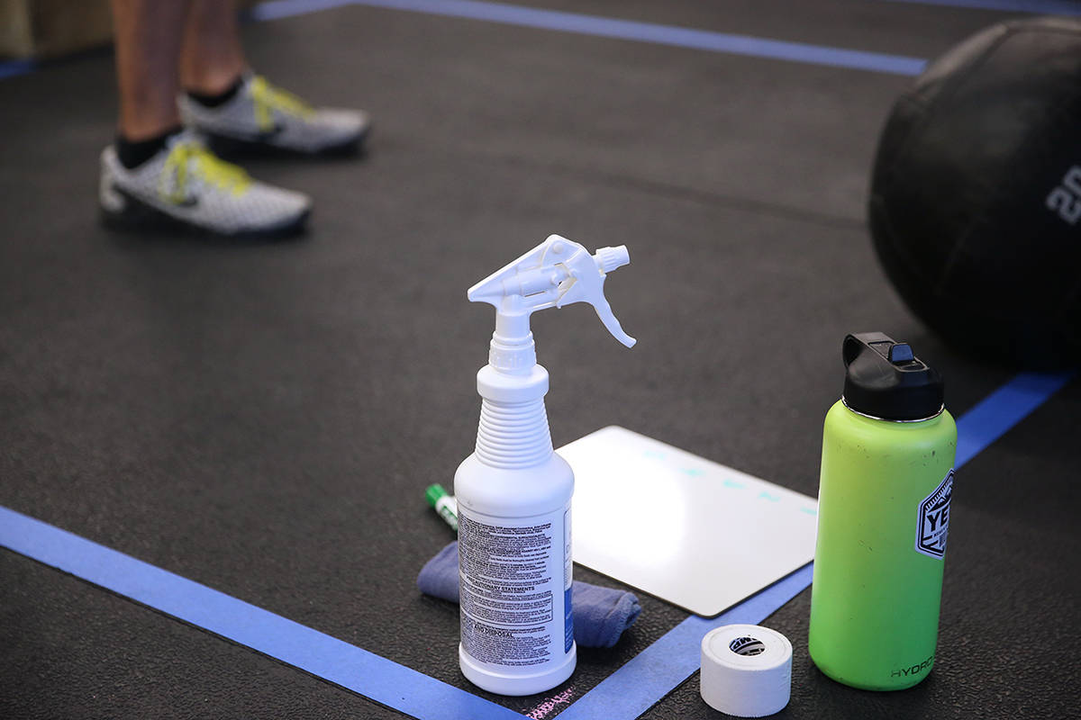 Cleaning spray in one of the workout stations at Crossfit Apollo in Las Vegas, Friday, May 29, ...