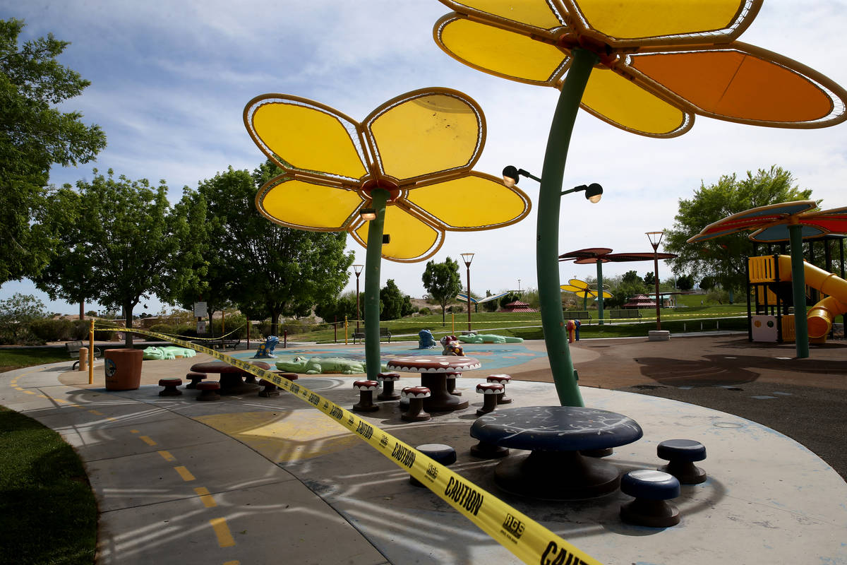 The closed splash pad at Centennial Hills Park in Las Vegas Wednesday, April 29, 2020. All of t ...