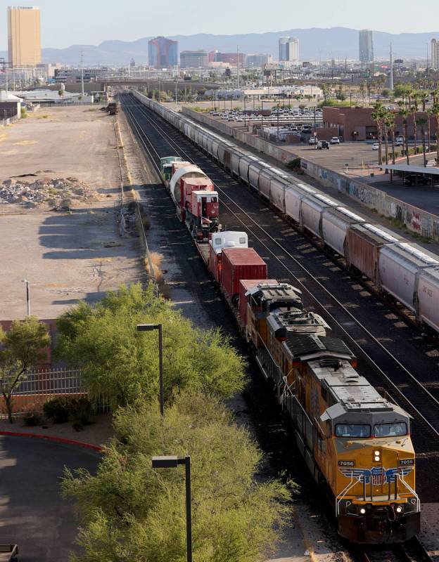 A 770-ton nuclear reactor vessel passes through downtown Las Vegas Thursday, May 28, 2020. The ...