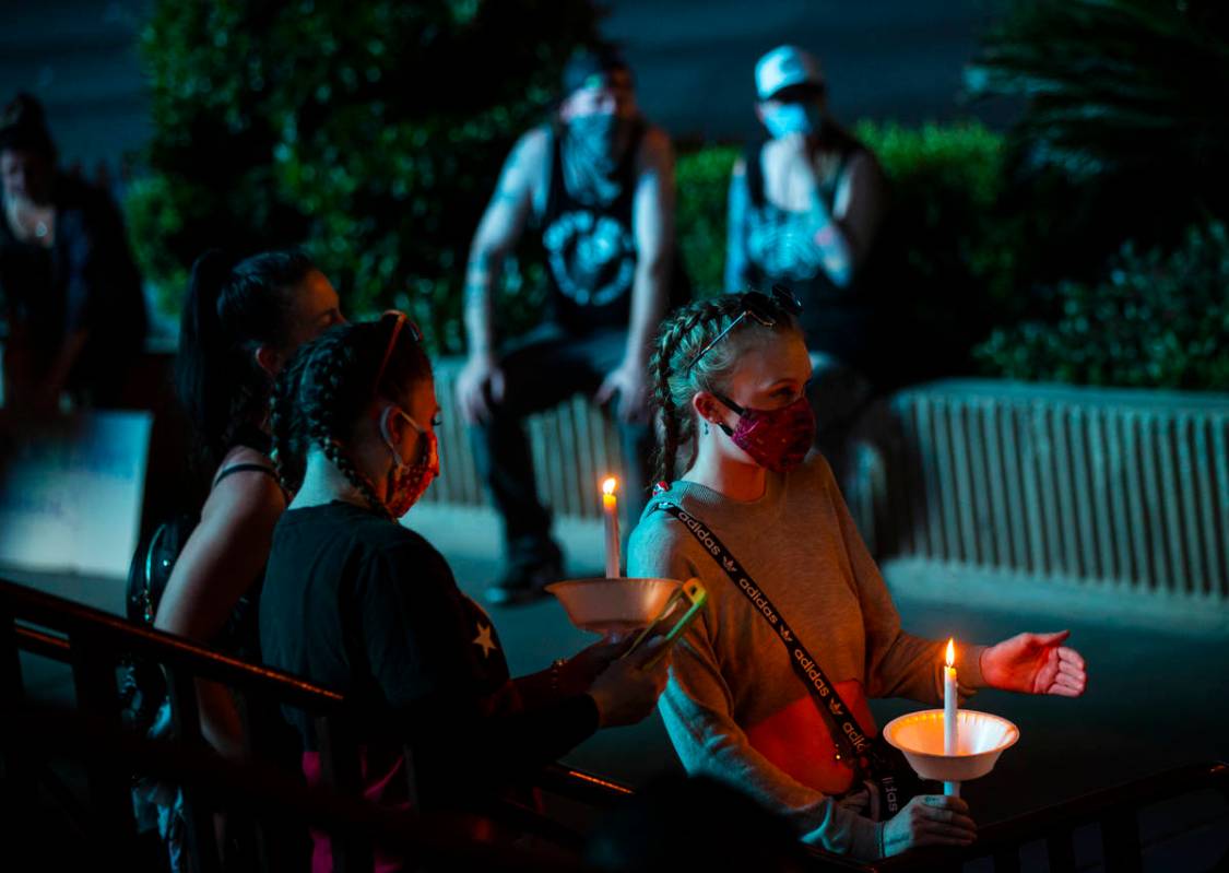Demonstrators gather to demand justice for George Floyd along the Las Vegas Strip on Thursday, ...