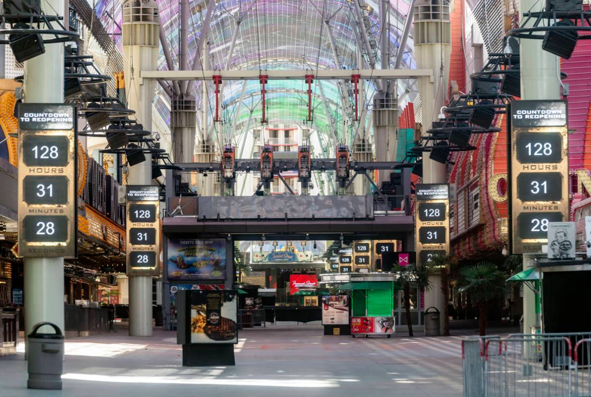 Signs countdown on Friday afternoon, May 29, 2020, for the reopening of the Fremont Street Expe ...