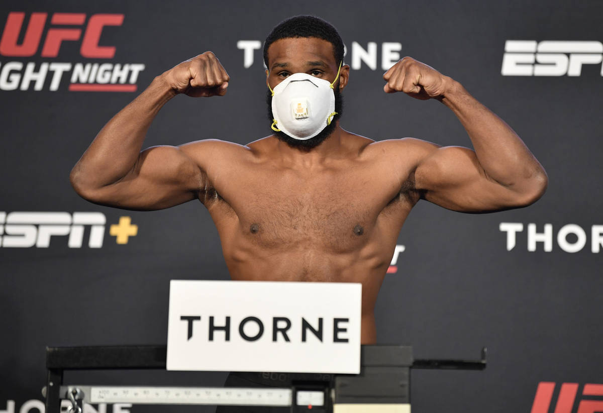 Tyron Woodley poses on the scale during the UFC weigh-in at UFC APEX on May 29, 2020 in Las Veg ...