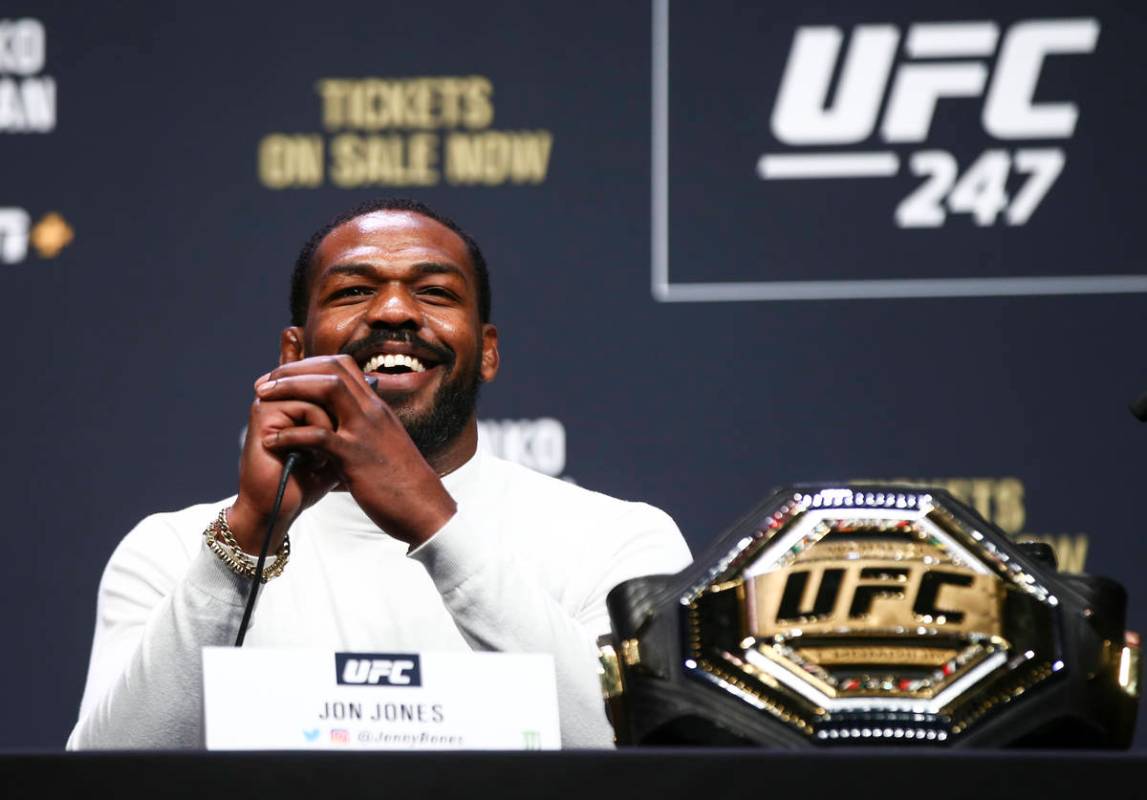 Jon Jones speaks during a press conference ahead of UFC 247, where he is slated to take on Domi ...