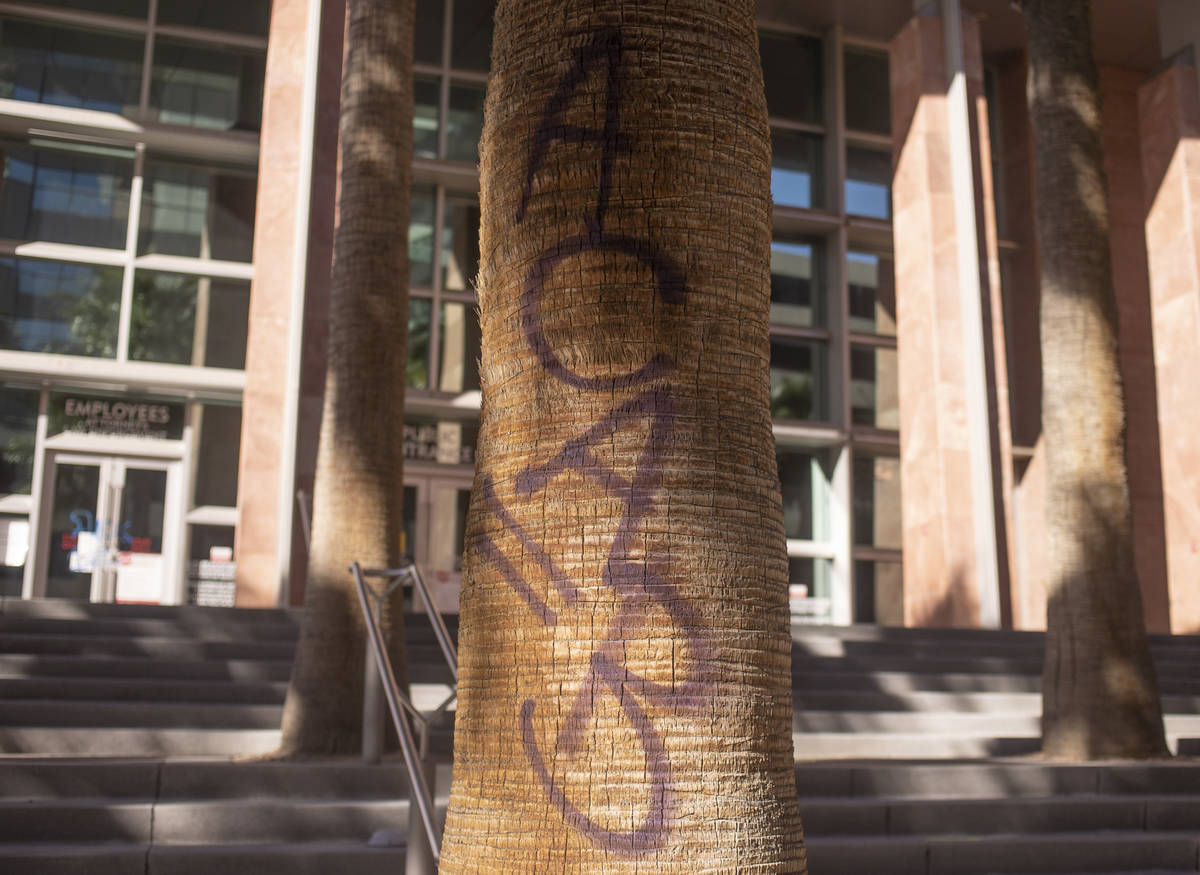 ACAB, which stands for "all cops are bastards" is spray painted on a palm tree outsid ...