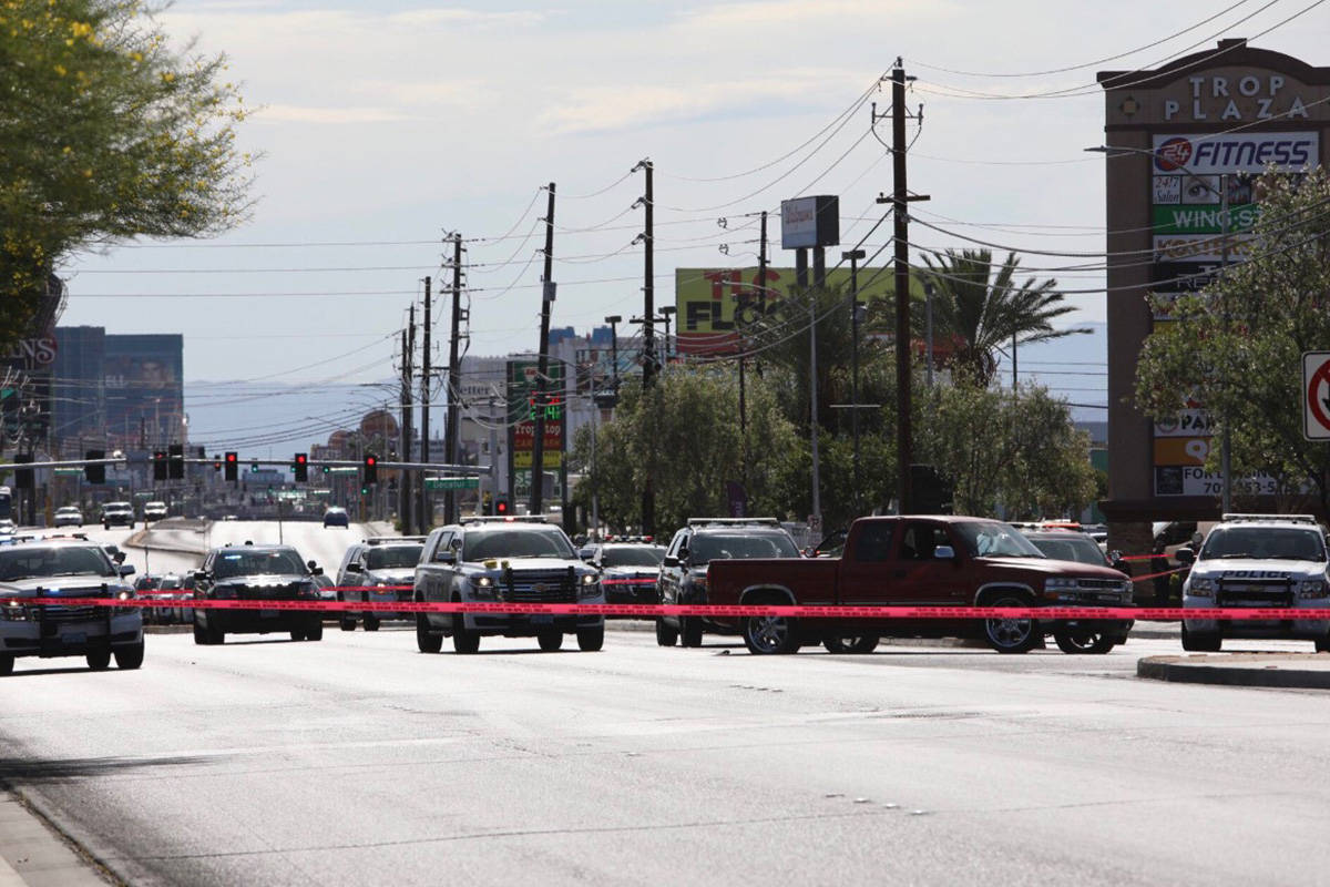 Police investigate an officer-involved shooting Sunday, May 31, 2020, near West Tropicana Avenu ...