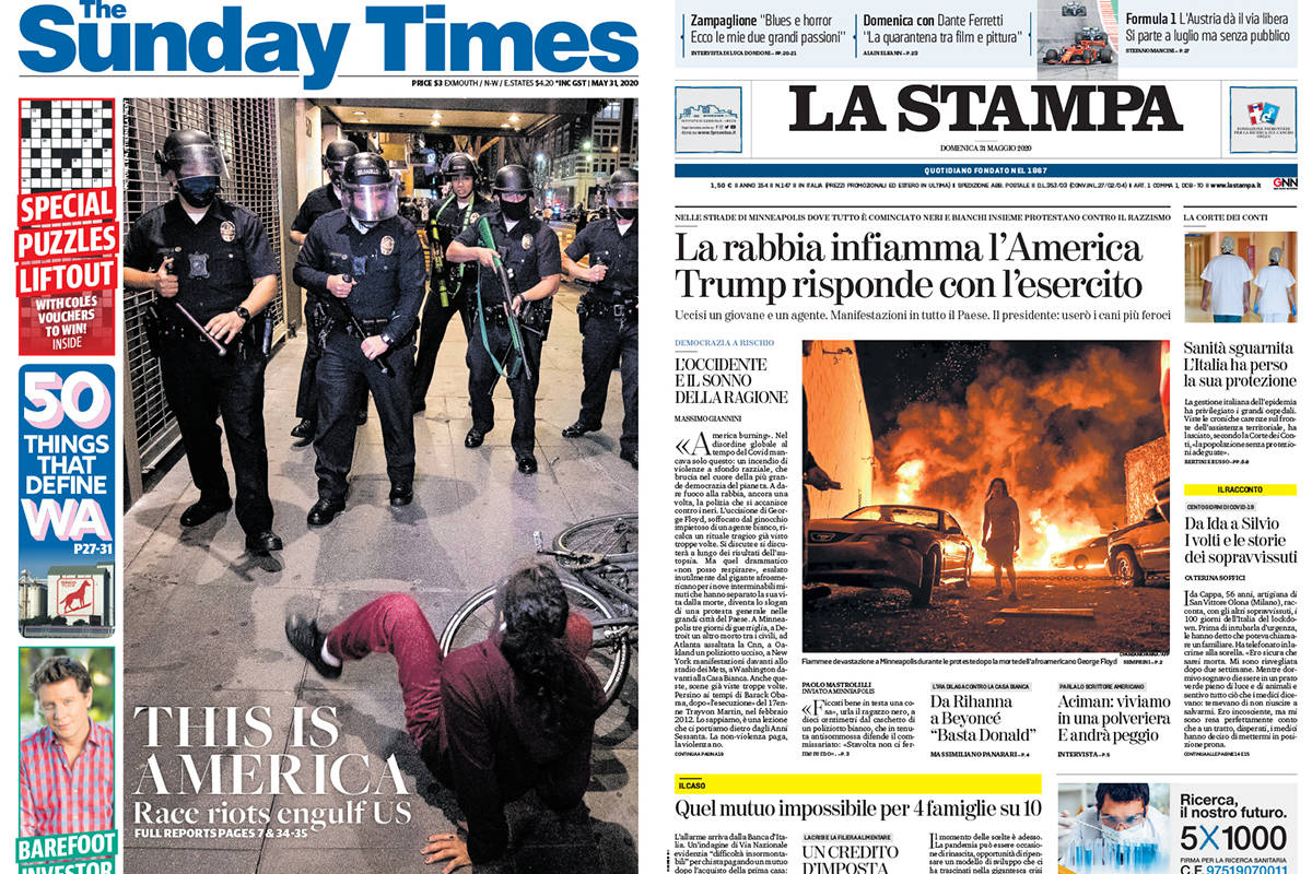 The Australian Sunday Times, left, and La Stampa of Torino, Italy, use their front pages to cov ...