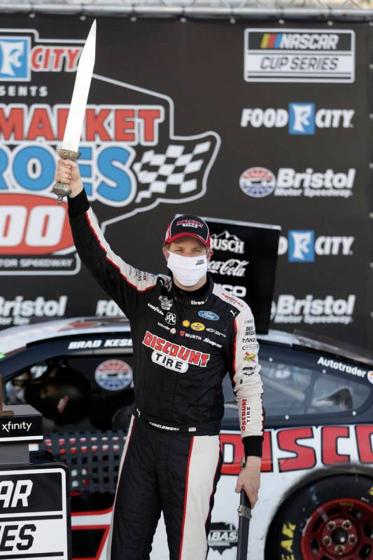 Brad Keselowski (2) celebrates after winning a NASCAR Cup Series auto race at Bristol Motor Spe ...