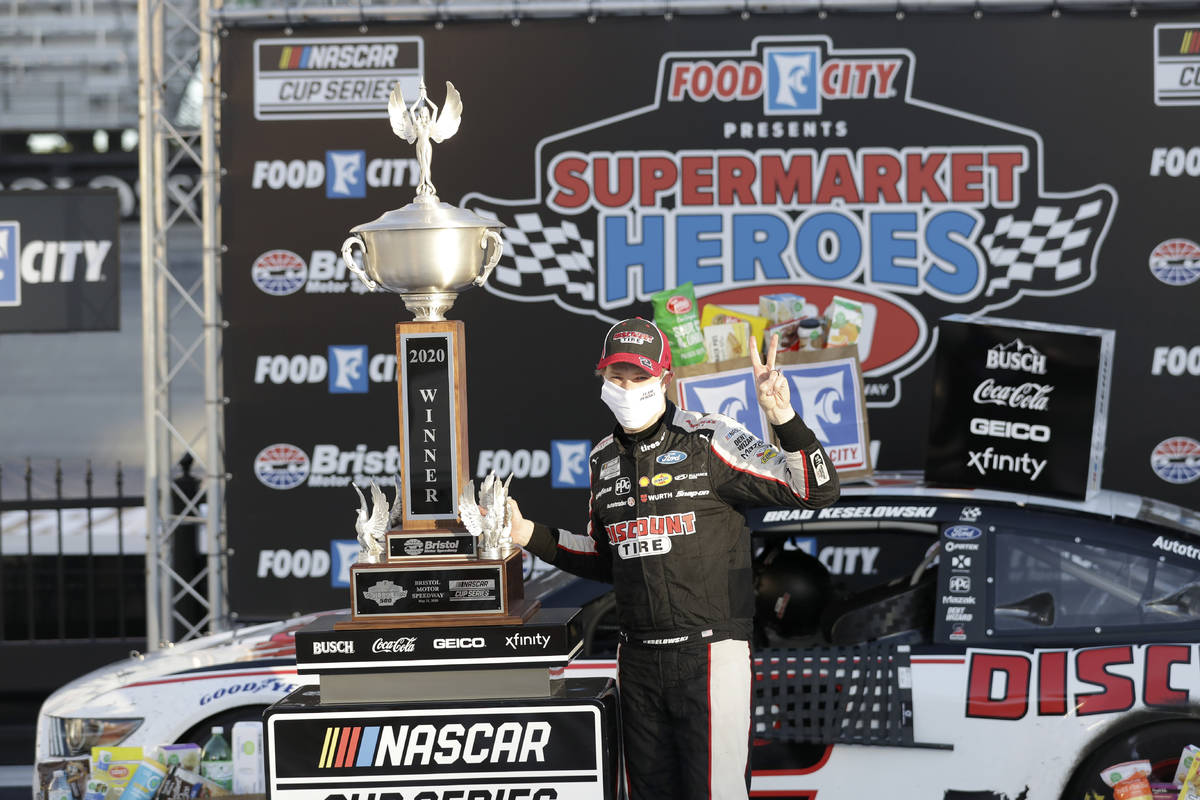 Brad Keselowski (2) celebrates after winning a NASCAR Cup Series auto race at Bristol Motor Spe ...